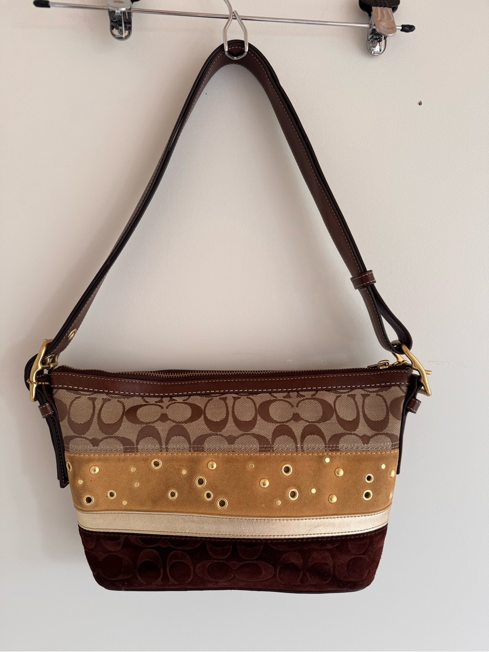 Coach Multicolor Signature and Suede Shoulder Bag